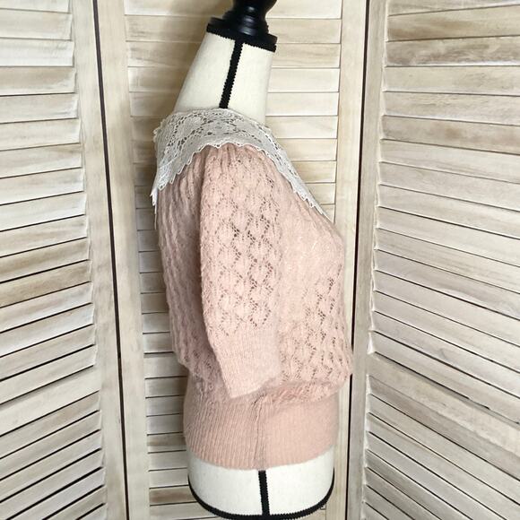 Manoush Ballet Pink Pointelle Open Knit Lace Collar Sweater Mohair S - Picture 6 of 9